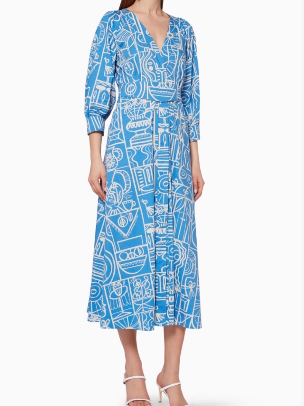 MARELLA Blue and White Graphic Print V-Neck Midi Dress